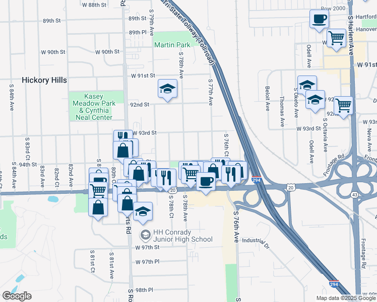 map of restaurants, bars, coffee shops, grocery stores, and more near 9335 South 78th Avenue in Hickory Hills
