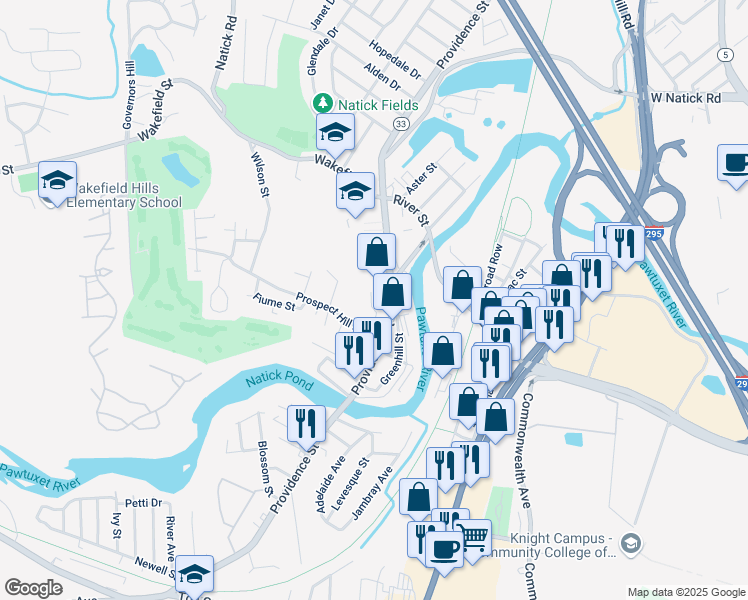 map of restaurants, bars, coffee shops, grocery stores, and more near 6 Prospect St in West Warwick