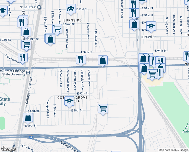 map of restaurants, bars, coffee shops, grocery stores, and more near 1253 East 95th Place in Chicago