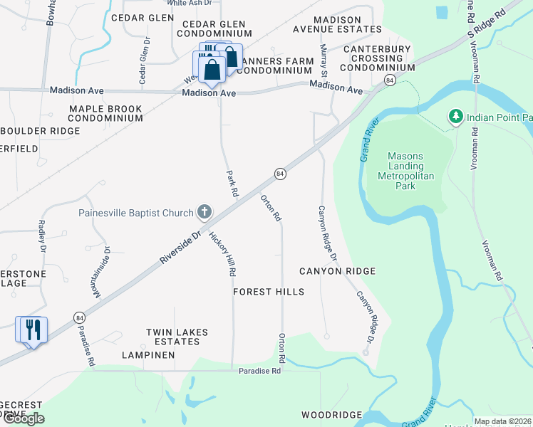 map of restaurants, bars, coffee shops, grocery stores, and more near 30 Orton Road in Painesville