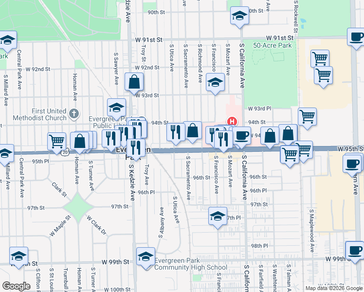 map of restaurants, bars, coffee shops, grocery stores, and more near 3020 95th Street in Evergreen Park