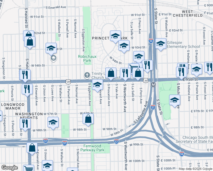map of restaurants, bars, coffee shops, grocery stores, and more near 9514 South Princeton Avenue in Chicago