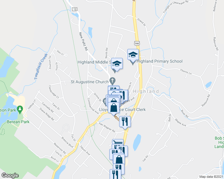 map of restaurants, bars, coffee shops, grocery stores, and more near 50 Main Street in Highland