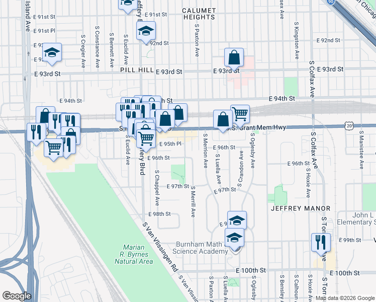 map of restaurants, bars, coffee shops, grocery stores, and more near 9547 South Clyde Avenue in Chicago
