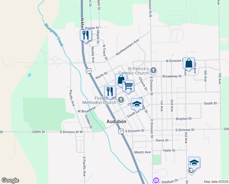 map of restaurants, bars, coffee shops, grocery stores, and more near 211-265 Washington St in Audubon