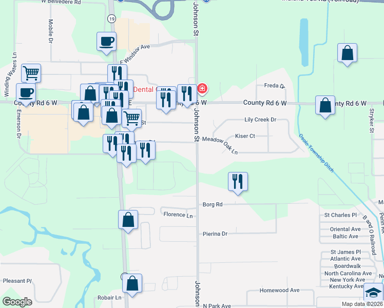 map of restaurants, bars, coffee shops, grocery stores, and more near 2609-2699 Johnson Street in Elkhart