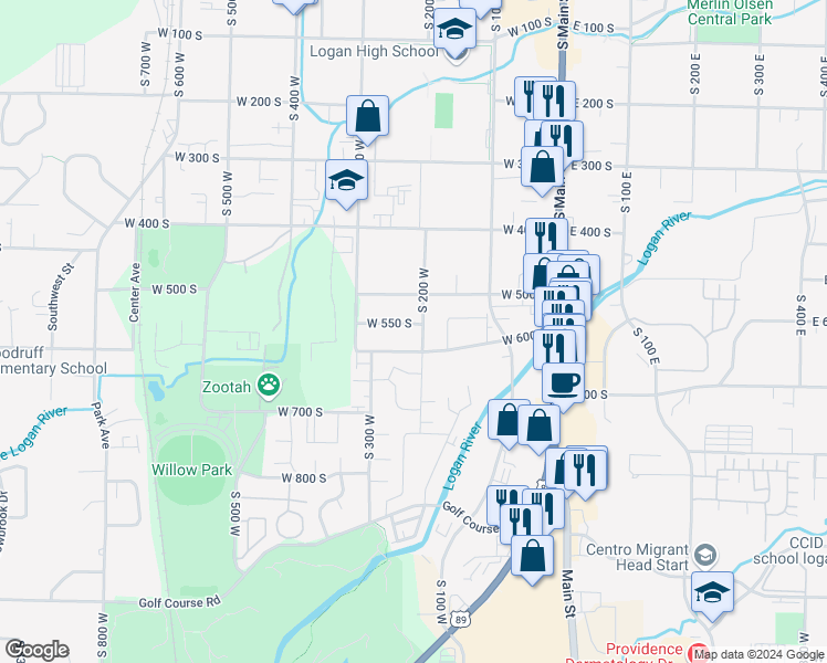 map of restaurants, bars, coffee shops, grocery stores, and more near 252 West 550 South in Logan