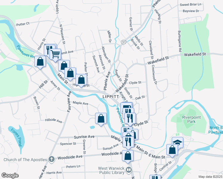 map of restaurants, bars, coffee shops, grocery stores, and more near 16 Wakefield Street in West Warwick