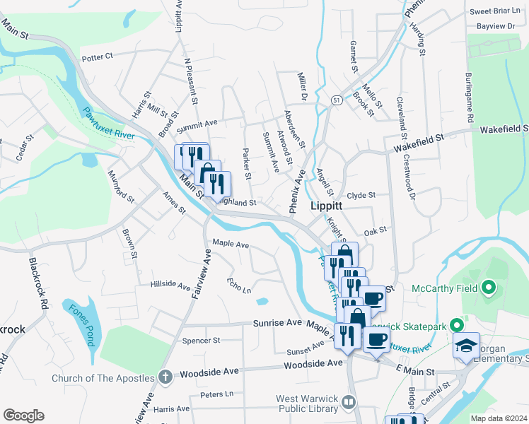 map of restaurants, bars, coffee shops, grocery stores, and more near 63 Highland Street in West Warwick