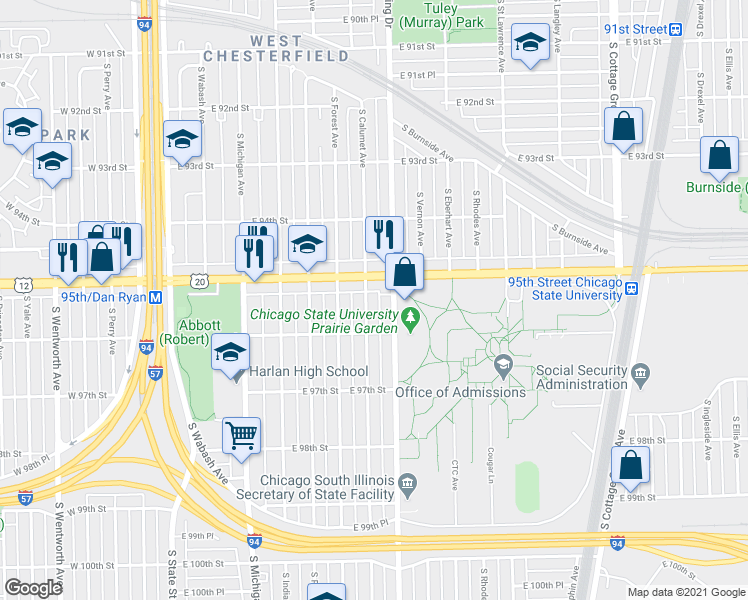 map of restaurants, bars, coffee shops, grocery stores, and more near 9529 South Calumet Avenue in Chicago