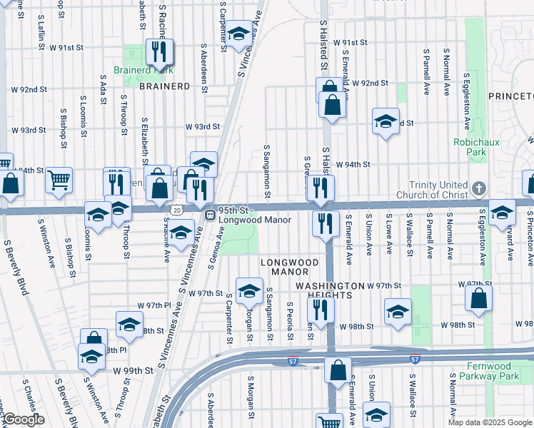 map of restaurants, bars, coffee shops, grocery stores, and more near 9511 South Sangamon Street in Chicago