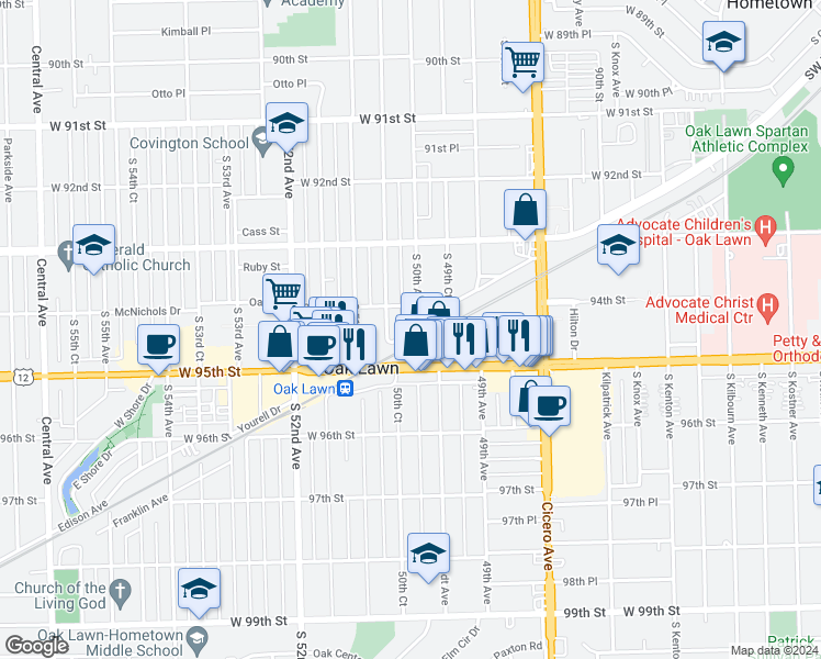 map of restaurants, bars, coffee shops, grocery stores, and more near 4941 Columbus Drive in Oak Lawn