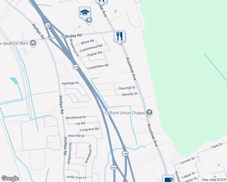 map of restaurants, bars, coffee shops, grocery stores, and more near 515 Barnard St in New Bedford