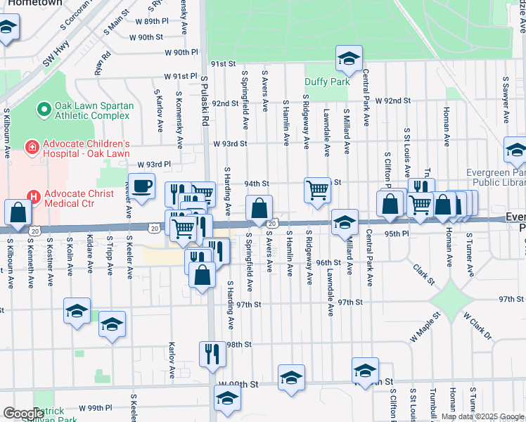 map of restaurants, bars, coffee shops, grocery stores, and more near 9443 South Springfield Avenue in Evergreen Park
