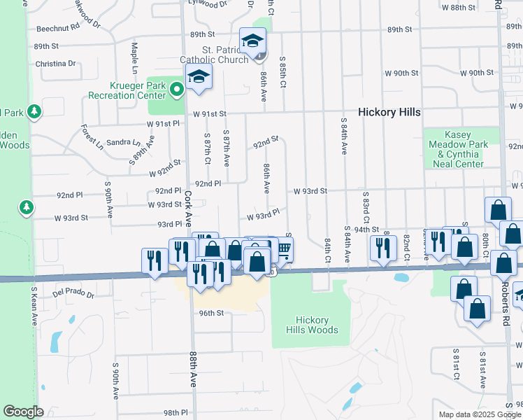 map of restaurants, bars, coffee shops, grocery stores, and more near 8610 West 93rd Place in Hickory Hills