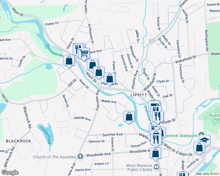 map of restaurants, bars, coffee shops, grocery stores, and more near 770 Main Street in West Warwick