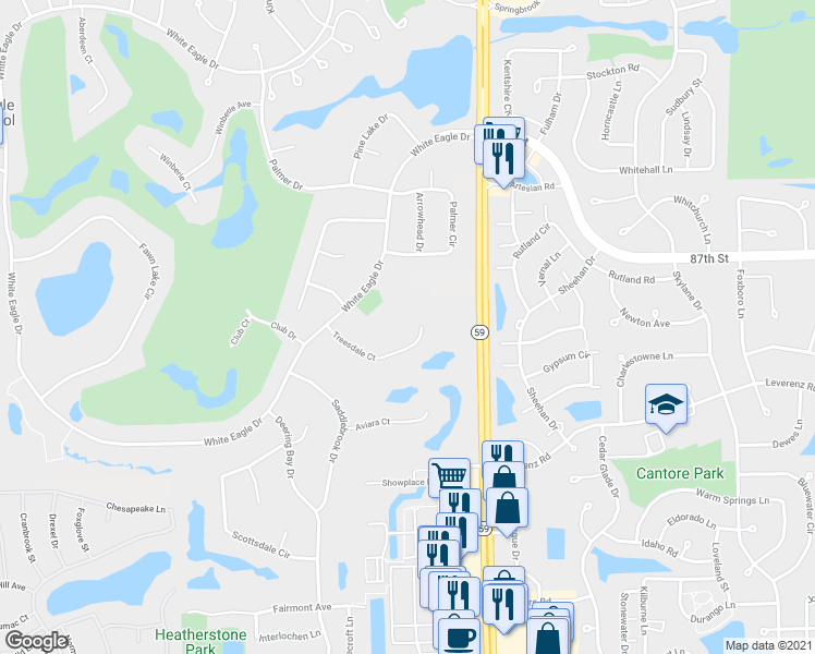 map of restaurants, bars, coffee shops, grocery stores, and more near 3111 Treesdale Court in Naperville