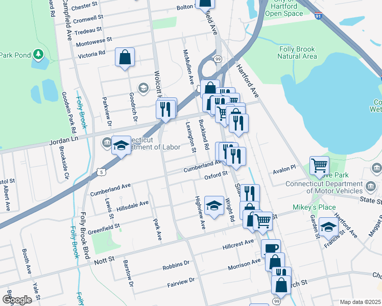 map of restaurants, bars, coffee shops, grocery stores, and more near 55 Rockland Street in Wethersfield