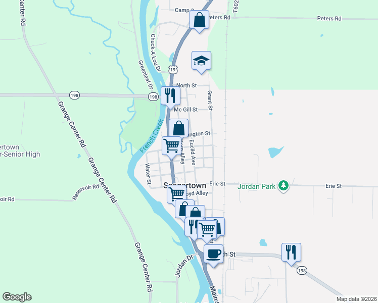map of restaurants, bars, coffee shops, grocery stores, and more near 501-525 Euclid Avenue in Saegertown