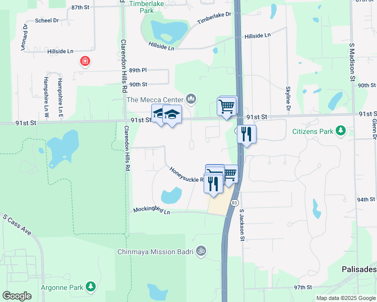 map of restaurants, bars, coffee shops, grocery stores, and more near 10S510 Echo Lane in Willowbrook