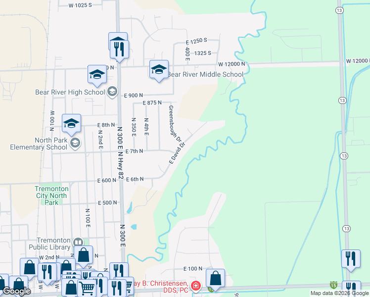 map of restaurants, bars, coffee shops, grocery stores, and more near 608 East David Drive in Tremonton