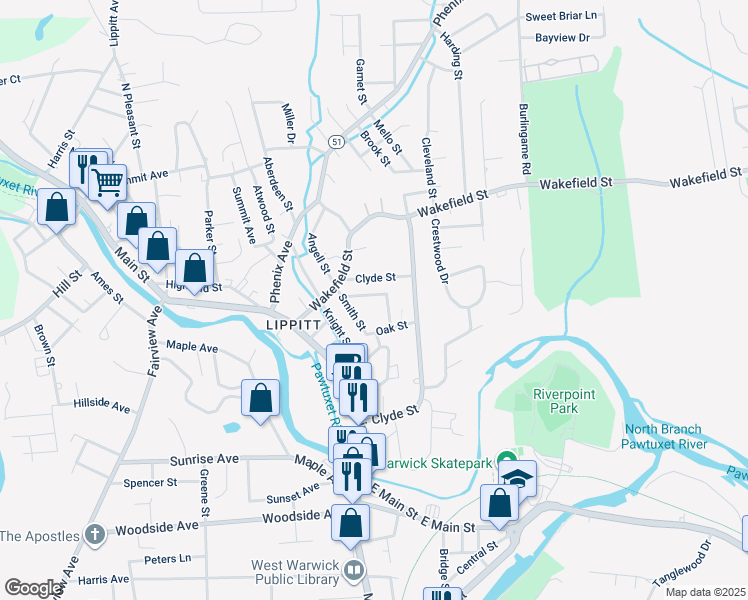 map of restaurants, bars, coffee shops, grocery stores, and more near 17 Harmony Street in West Warwick