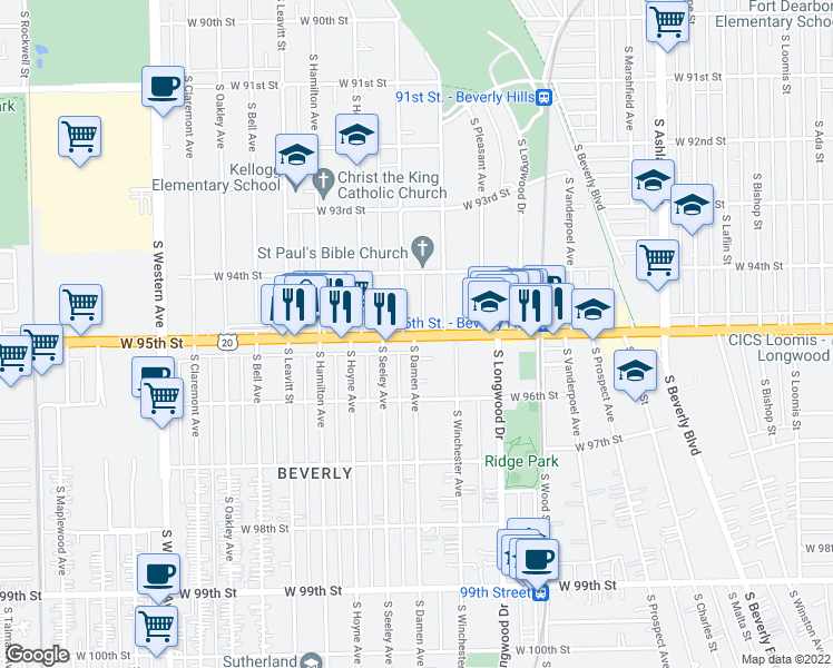 map of restaurants, bars, coffee shops, grocery stores, and more near 1962 West 95th Street in Chicago