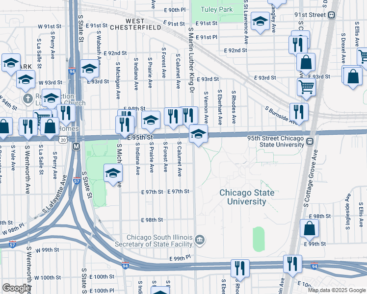map of restaurants, bars, coffee shops, grocery stores, and more near 9529 South Calumet Avenue in Chicago