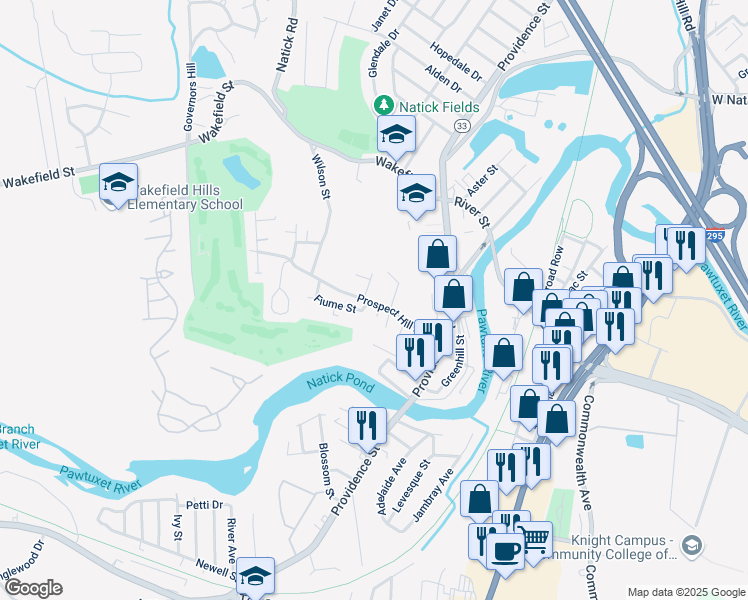map of restaurants, bars, coffee shops, grocery stores, and more near 73 Prospect Hill Avenue in West Warwick