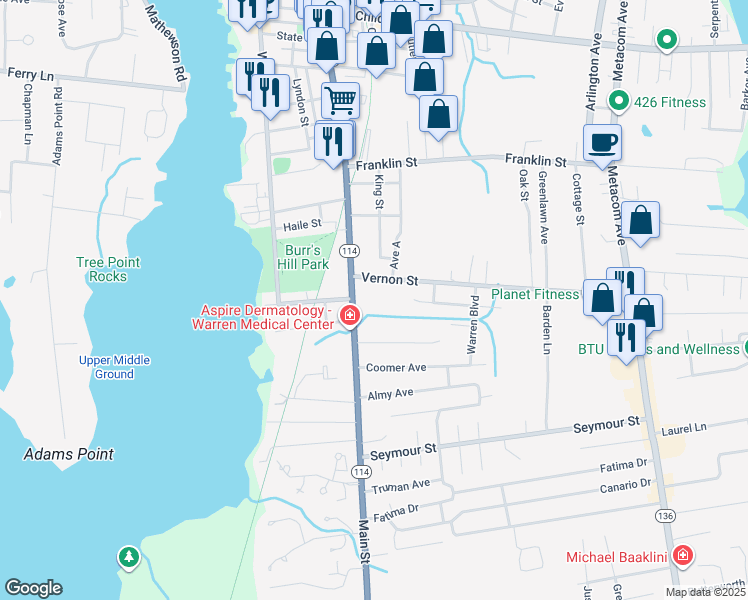 map of restaurants, bars, coffee shops, grocery stores, and more near 824 Main Street in Warren