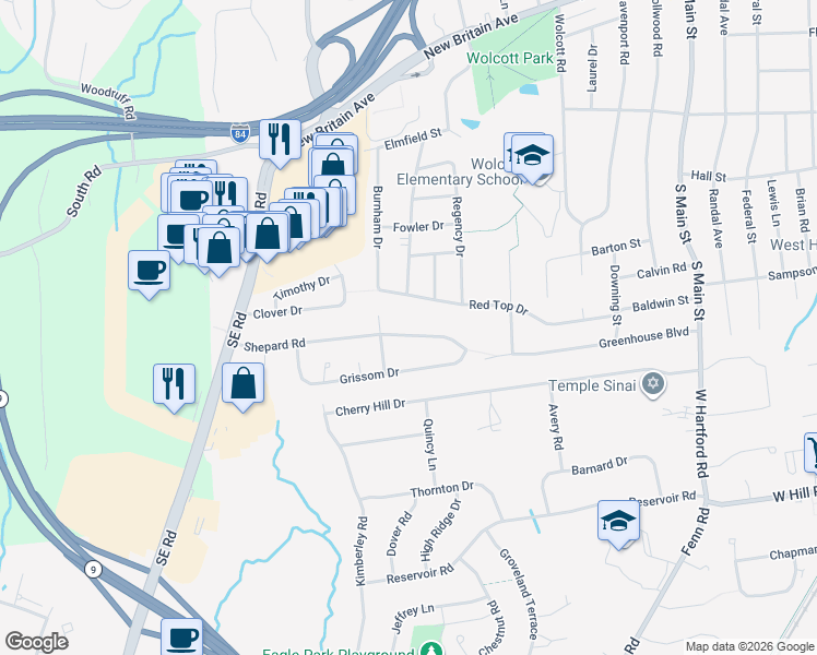 map of restaurants, bars, coffee shops, grocery stores, and more near 76 Shepard Road in West Hartford