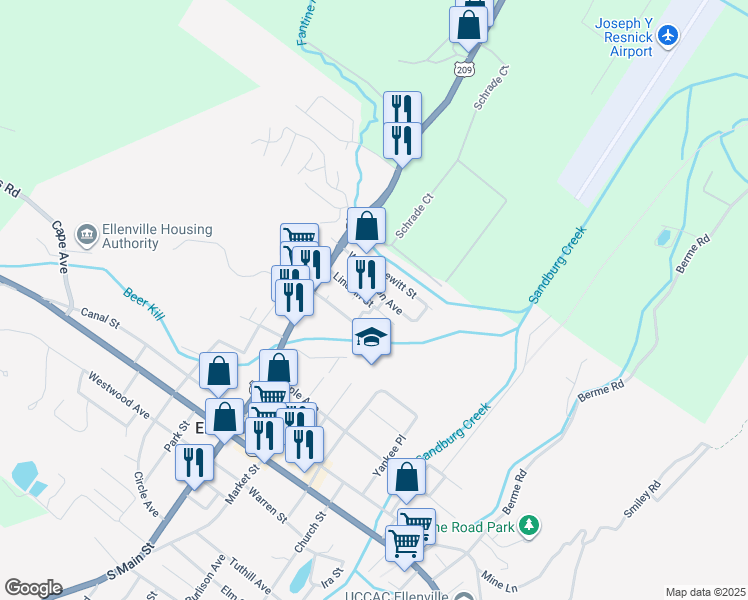 map of restaurants, bars, coffee shops, grocery stores, and more near 18 Lincoln Street in Ellenville
