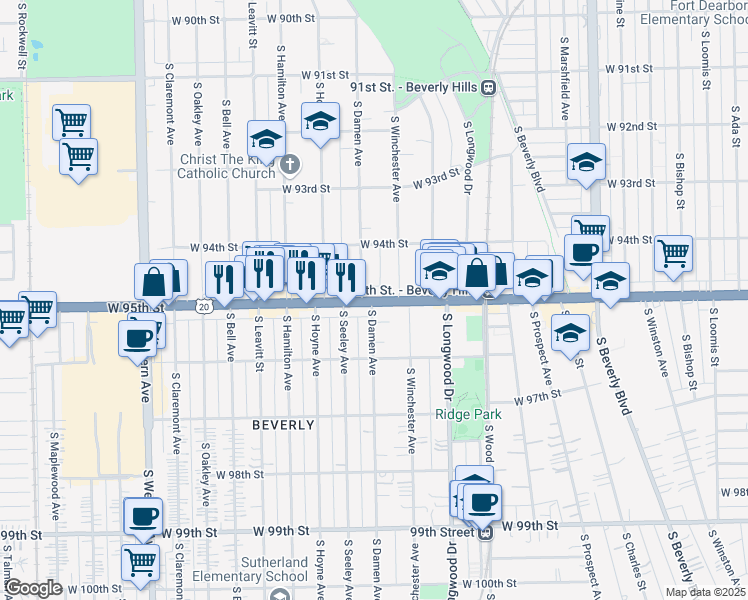 map of restaurants, bars, coffee shops, grocery stores, and more near 1962 West 95th Street in Chicago