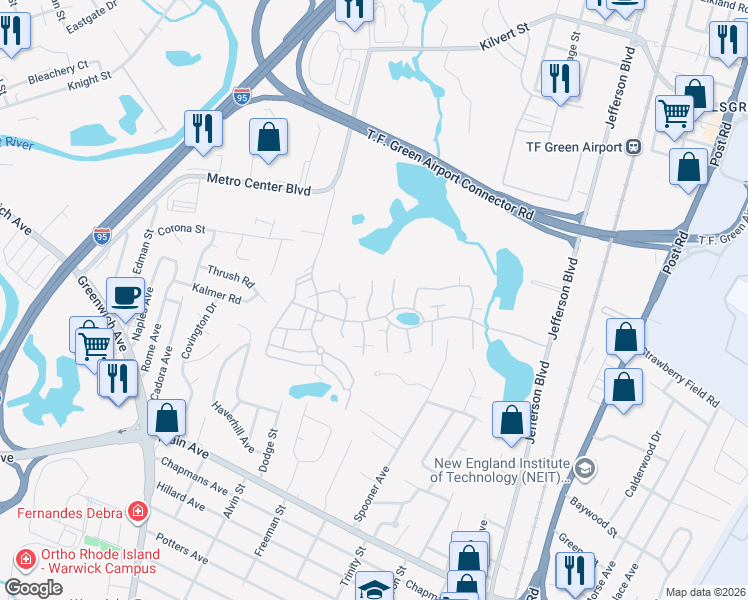 map of restaurants, bars, coffee shops, grocery stores, and more near 162 Edaville Court in Warwick