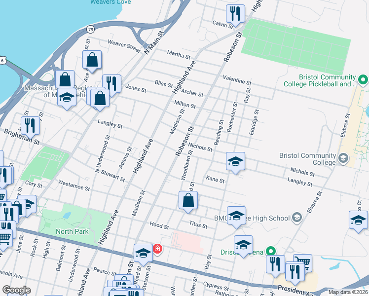 map of restaurants, bars, coffee shops, grocery stores, and more near 476 Langley Street in Fall River