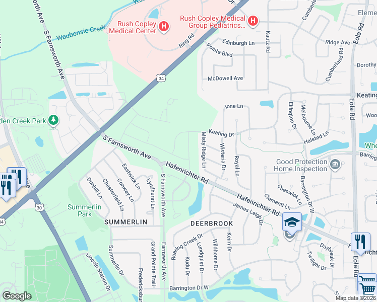 map of restaurants, bars, coffee shops, grocery stores, and more near 1889 Misty Ridge Lane in Aurora
