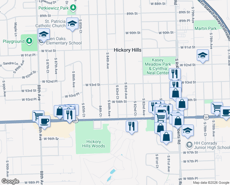 map of restaurants, bars, coffee shops, grocery stores, and more near 9322 South 83rd Court in Hickory Hills