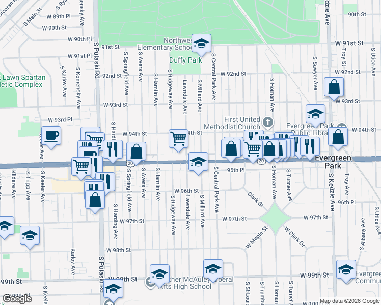 map of restaurants, bars, coffee shops, grocery stores, and more near 3656 95th Street in Evergreen Park