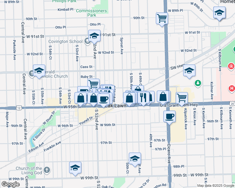 map of restaurants, bars, coffee shops, grocery stores, and more near 9408 Sproat Avenue in Oak Lawn