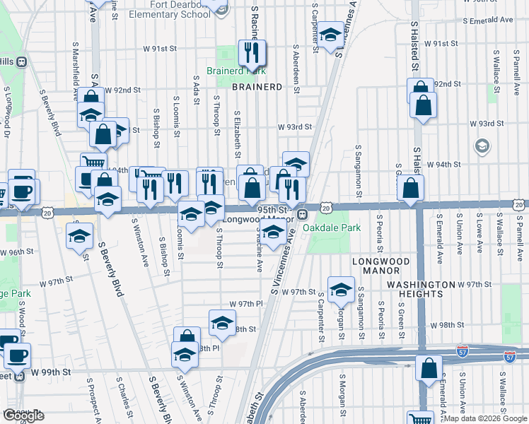 map of restaurants, bars, coffee shops, grocery stores, and more near 9507 South Racine Avenue in Chicago