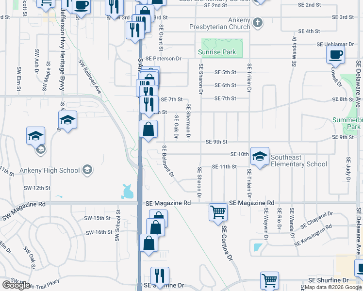 map of restaurants, bars, coffee shops, grocery stores, and more near 309 Southeast 9th Street in Ankeny