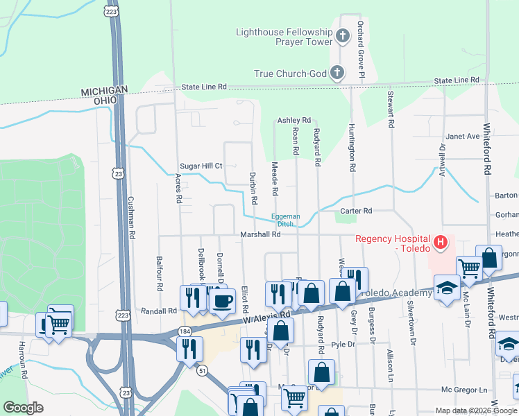 map of restaurants, bars, coffee shops, grocery stores, and more near 5842 Durbin Road in Sylvania