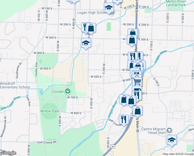 map of restaurants, bars, coffee shops, grocery stores, and more near 252 West 550 South in Logan