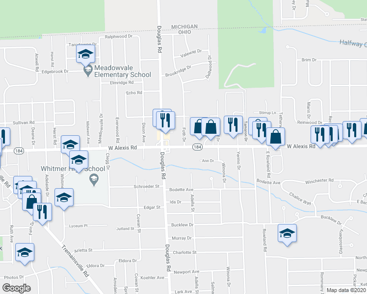 map of restaurants, bars, coffee shops, grocery stores, and more near West Alexis Road in Toledo