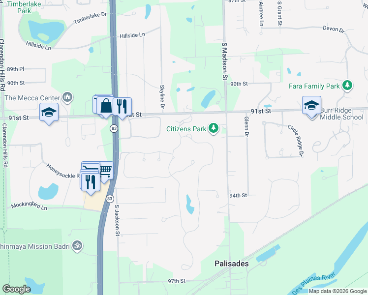map of restaurants, bars, coffee shops, grocery stores, and more near 9233 Falling Waters Drive East in Burr Ridge