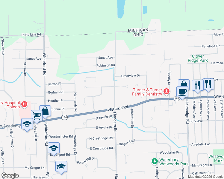 map of restaurants, bars, coffee shops, grocery stores, and more near 4711 Cinnamon Lane in Sylvania