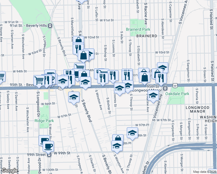map of restaurants, bars, coffee shops, grocery stores, and more near 1421 West 95th Street in Chicago