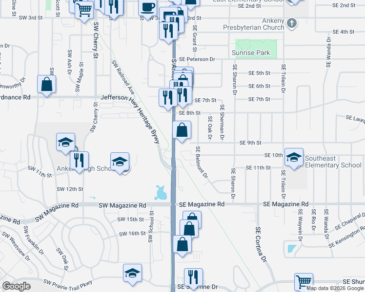 map of restaurants, bars, coffee shops, grocery stores, and more near 901 South Ankeny Boulevard in Ankeny