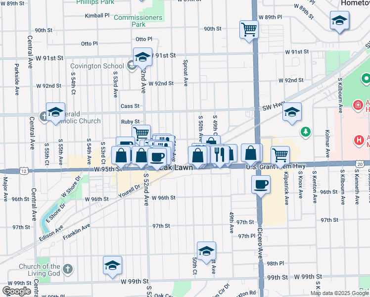 map of restaurants, bars, coffee shops, grocery stores, and more near 9408 Sproat Avenue in Oak Lawn