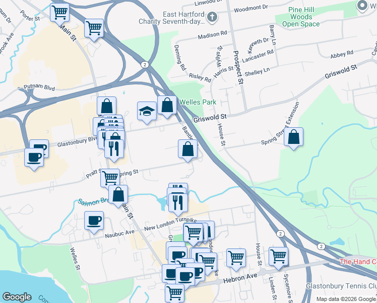 map of restaurants, bars, coffee shops, grocery stores, and more near 18 Cooper Drive in Glastonbury